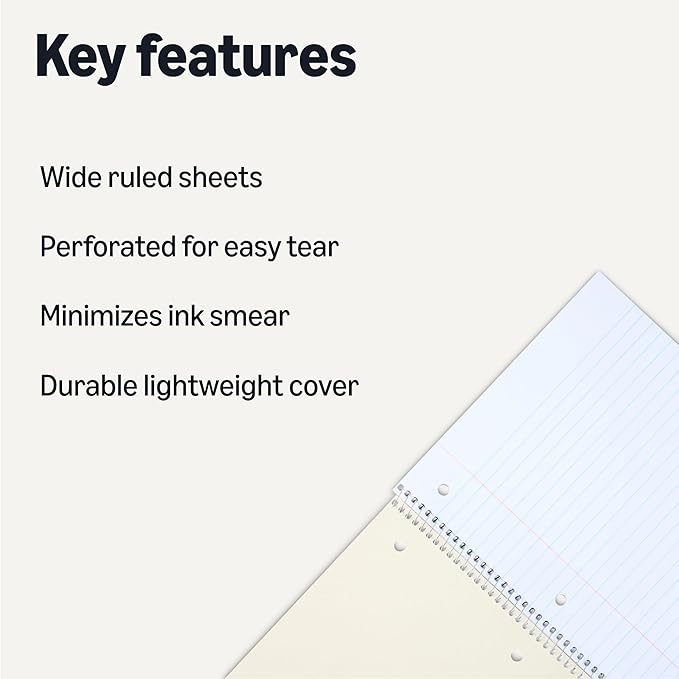Amazon Basics Wide Ruled Spiral Notebook, For Work and School, 70 Sheets, 8" x 10.5", 3 pack, Assorted Primary Solid Colors