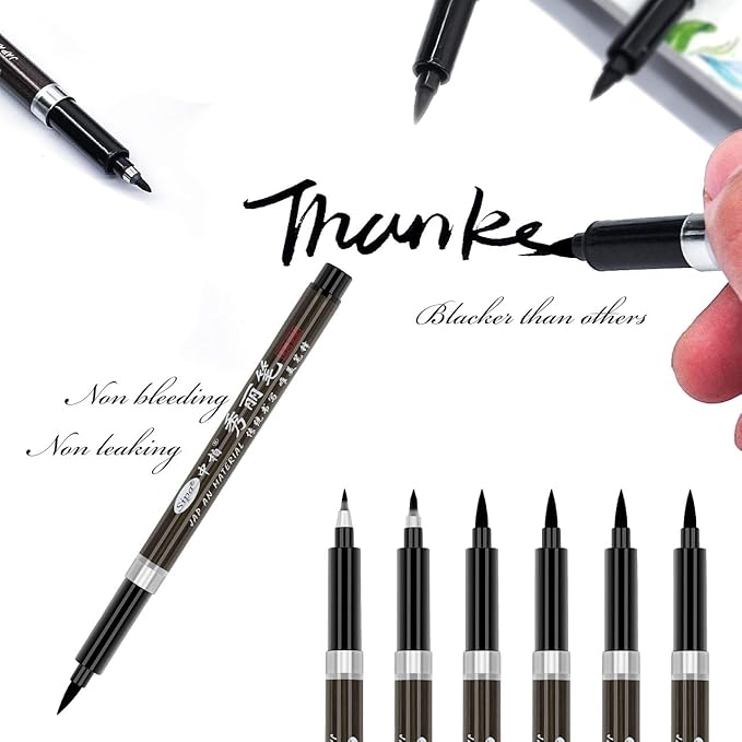 Calligraphy Pens Set for Beginners, Hand Lettering Pens Brush Drawing Markers Kits Chinese Japenese Pens Black Ink for Journaling, Writing, Art Drawing, 3 Size(Pack of 6)