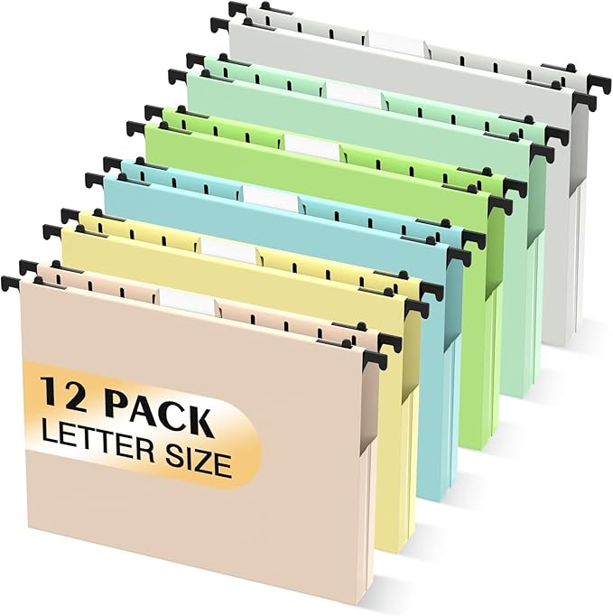 Hanging File Folders Letter Size, 12 Pack File Folders Hanging with Tabs, File Cabinet Hang Folder, 1 Inch Plastic Filing Folders Hanging Expandable File Organizer, Office Supplies, Pastel Folders
