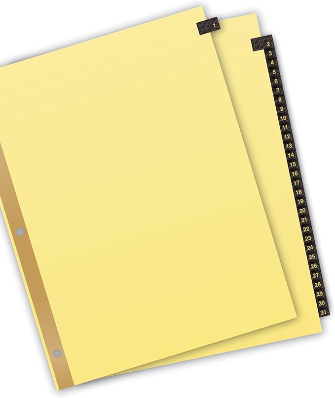 Avery Gold Reinforced Leather Tab Dividers, 31-Tab, 1-31, Letter Size, Black, 31 per Set (11352)