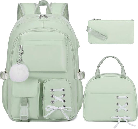 Backpacks for Girls, Girls Backpack with Lunch Box & Pencil Pouch for Teens Girl Kids Elementary Middle High School College Student Bookbag Daypack Laptop Travel Backpack for Women (Green)