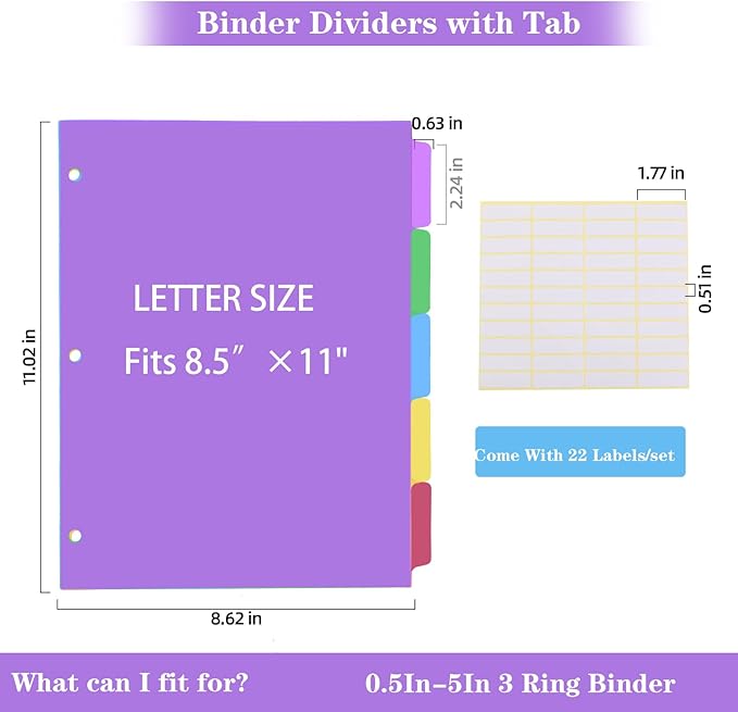 3 Set Dividers for 3 Ring Binders,5 TAB Binder Dividers,Plastic, Multicolor Binder separators with tabs