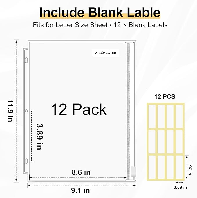 KTRIO Letter Size Binder Pockets 3 Ring Binder Zipper Pouch 12 Pack, 3 Holes Clear PVC Loose Leaf Bags 8.5"×11" Document Folders for Business Office School Supplies