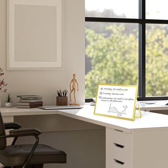 Magnetic Dry Erase White Board, 12" x 8" Double-Sided Golden Aluminum Frame Desktop Whiteboard with Stand, Portable Small Whiteboard Set for Drawing, Office, Home, School