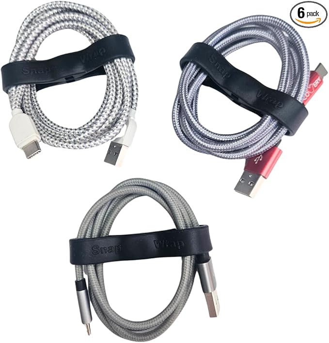 Snap Wrap | Pro Silicone Magnetic Cable Organizer 6-Pack | Easy One-Hand Operation Cable Management Bands for Home, Office, and Travel | Tidy Cable and Wire Storage