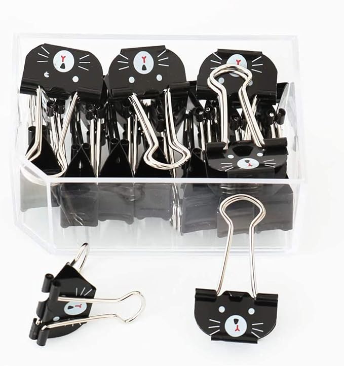 Cute Cat Metal Binder Clips 20Pcs Black Medium Paper Clamps for School Home Desk Organizers Office Supplies