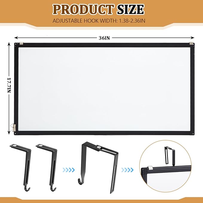 36" x 18" Magnetic Cubicle Whiteboard Erase Board Wall Mount Long Board Black Aluminum Frame Hook Mounting System