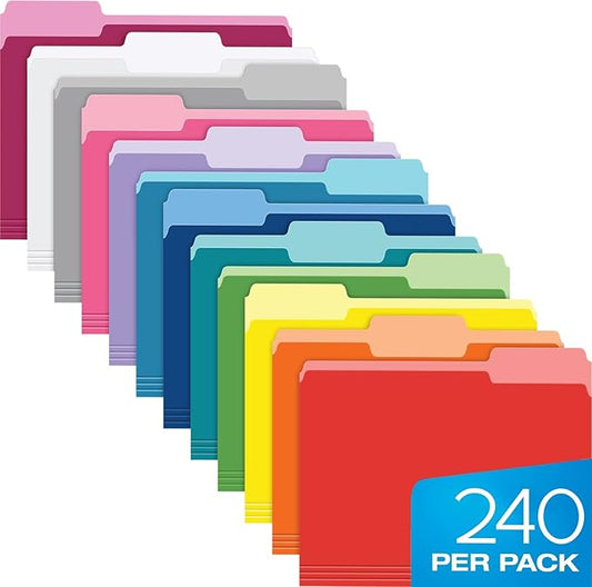 Pendaflex Colored File Folders Letter Size - 240 Pack of 12 Assorted Color Folders for Documents - 1/3-cut Tabs