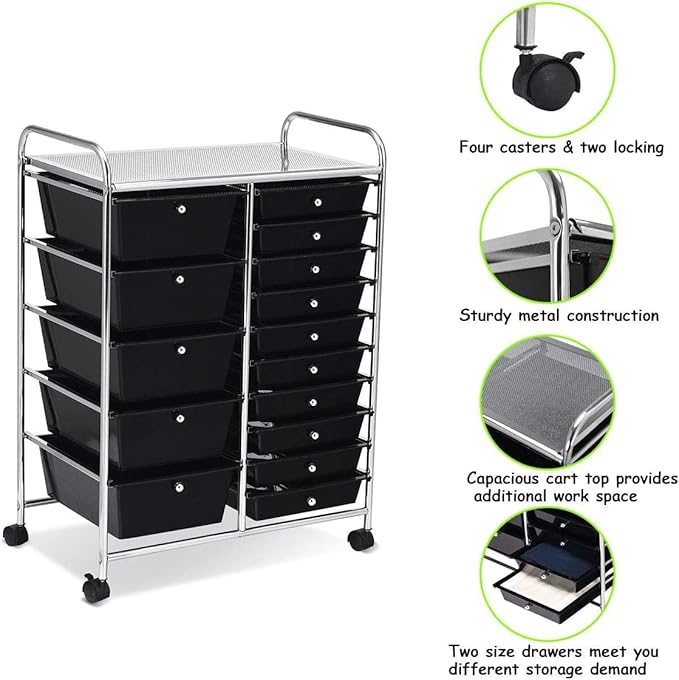 COSTWAY 15 Drawer Rolling Storage Cart, Mobile Utility Cart with Lockable Wheels, Drawers, Multipurpose Organizer Cart for Home, Office, School, Black