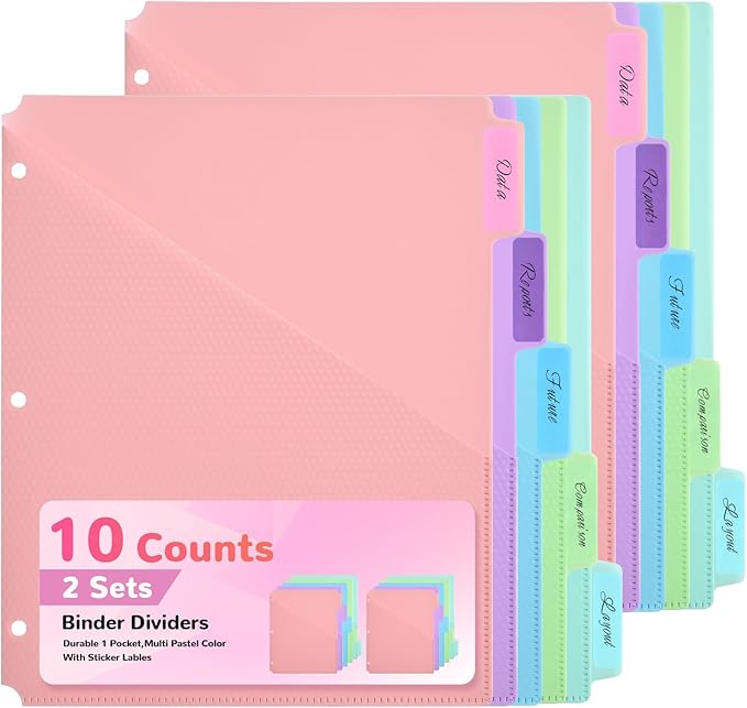 SUIN 5-Tab Binder Dividers with Pockets - Heavy Duty Plastic Dividers for 3 Ring Binder, Letter Size Poly Page Separators with Tabs & Label Stickers, Diamond Texture, 5 Pastel Colors, 2-Pack