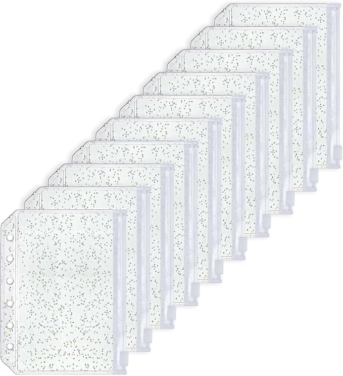 10pcs A7 Cash Stuffing Envelopes Zipper Binder Pockets Clear Glitter PVC 6 Hole Zip Sleeves Loose Leaf Pouches for 6 Ring Binder Planner (A7 3.35" x 5.12")