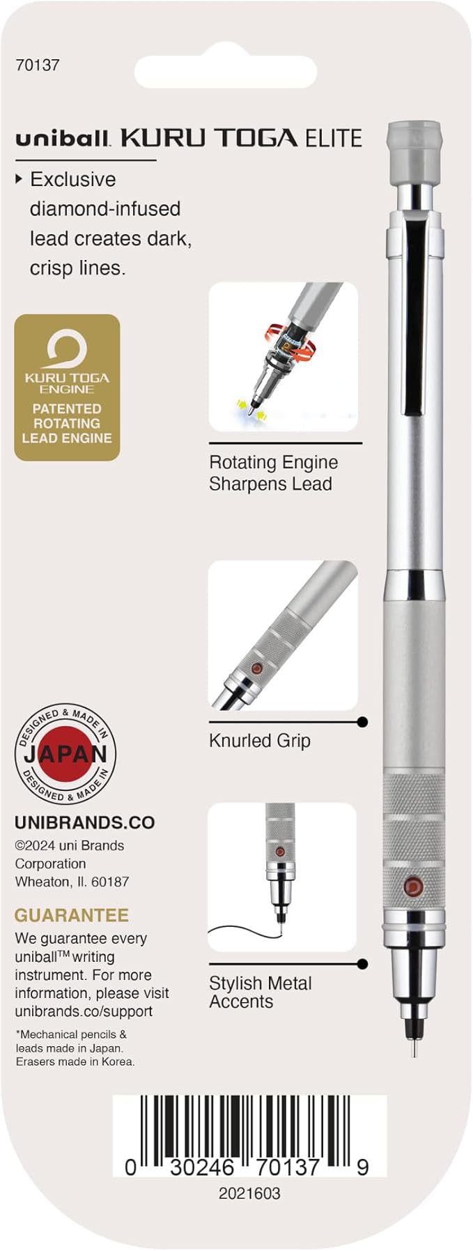 uniball Kuru Toga Elite Mechanical Pencil Starter Kit, 0.5mm, HB #2, Silver Barrel, 1 Pack