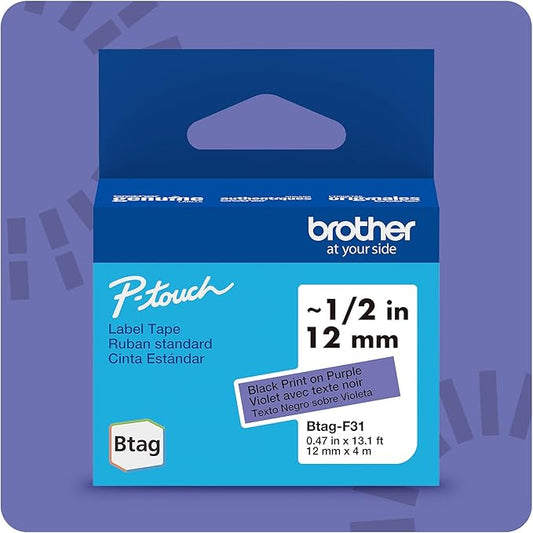 Brother Genuine P-Touch Btag BTAGF31 Black on Purple Label Tape ~1/2in by 13.1ft (12mm x 4m). (Works Only with Brother PT-N10, PT-N20, PT-N25BT Label Makers)