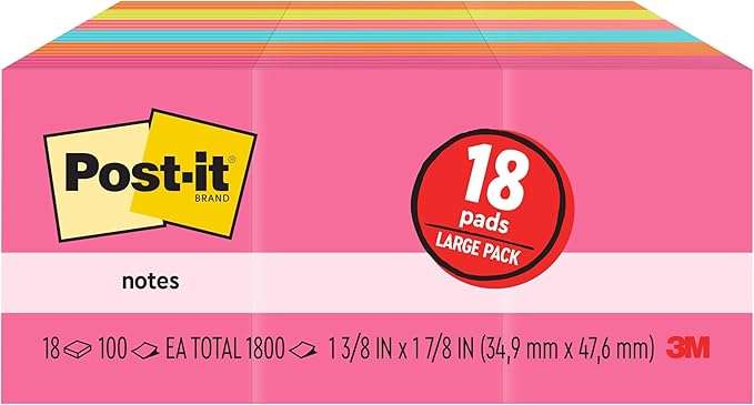 Post-it Mini Notes, 1 3/8 in. x 1 7/8 in., 18 Sticky Notes Pads, 100 Sheets per Pad, Poptimistic Collection, New Year Organization or Second Semester School Supplies