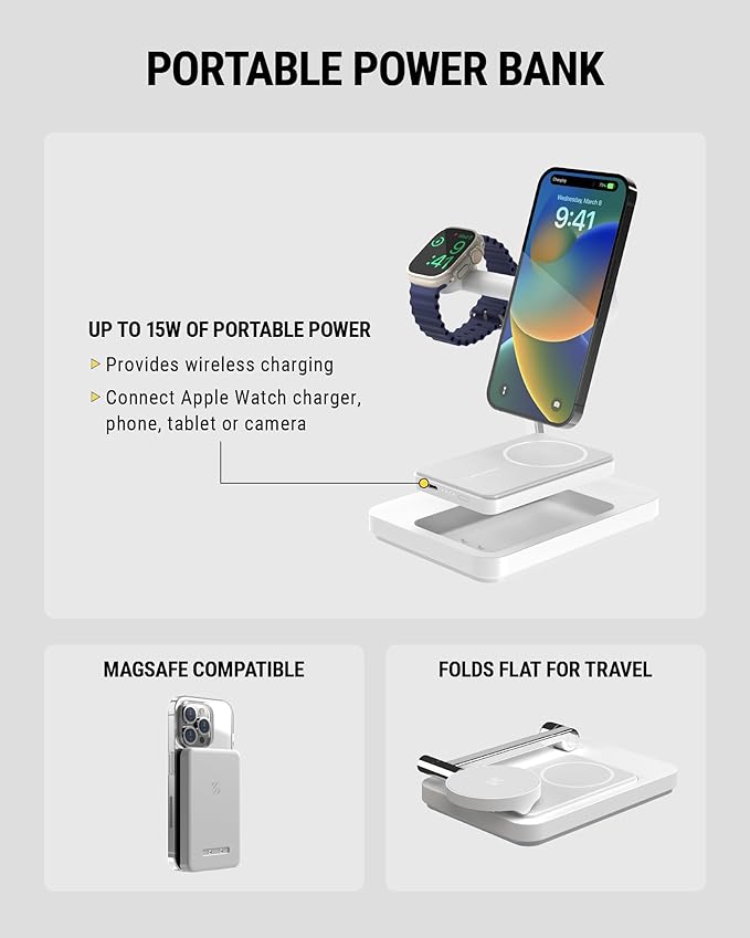 Scosche MSQSPBWT Wireless Charging Station with Removable 5,000mAh Fast USB-C Portable Power Bank for MagSafe iPhone 16/15/14/13/12/AirPods Pro with Apple Watch Charger Stand (Watch Charger Not Incl.)