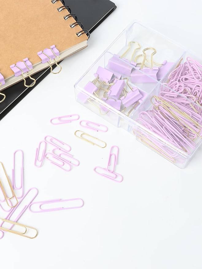 LIONSOUL Paper Clips Binder Clips Assorted Size, 165 Pcs, Cute Paperclips for Document Organizing, Colored Binder Clips Paper Clips Set for Office, School, Home Supplies(Purple)