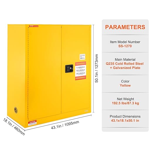 VEVOR Flammable Safety Cabinet 43.1 x 18.1 x 50.1, Cold-Rolled Steel Flammable Liquid Storage Cabinet 34 Gal with 2 Adjustable Shelves/2 Manual Closing Doors for Industrial Use, Yellow