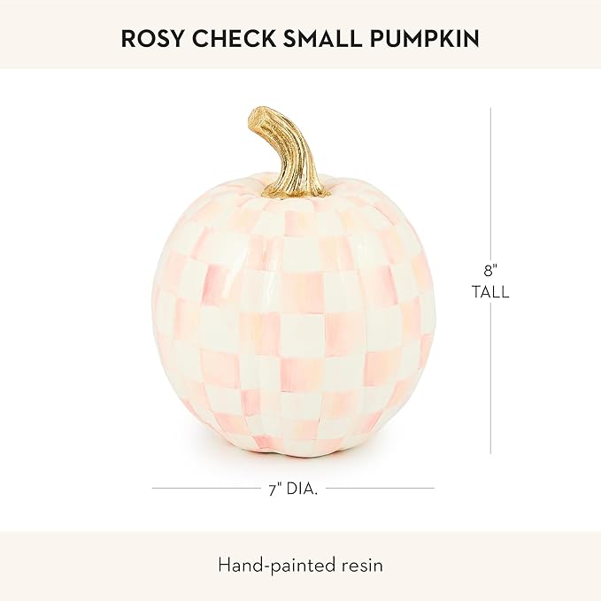 MACKENZIE-CHILDS Pumpkin, Resin Halloween and Fall Decor, Small, Pink-and-White Rosy Check