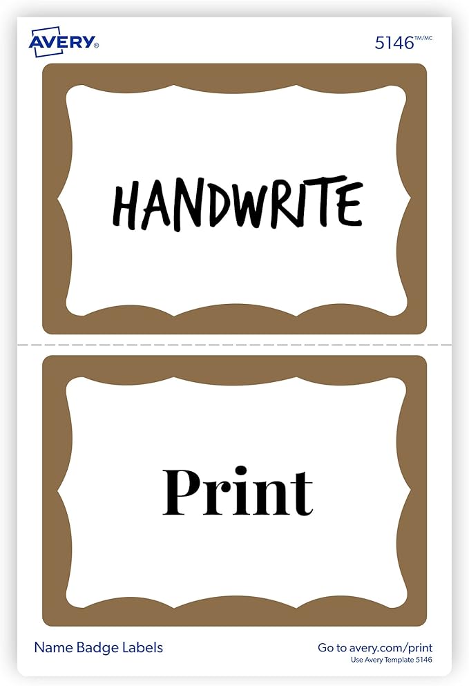 Avery Name Tags, Print or Write, Gold Border, 100 Adhesive Tags Per Pack, 4 Packs, 400 Total (05146)