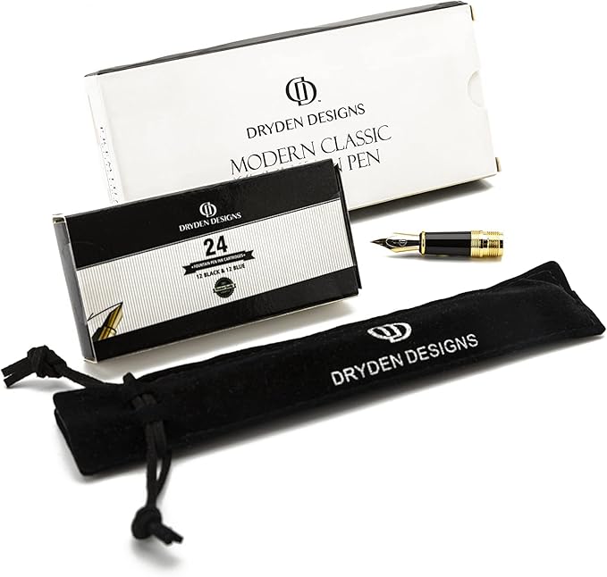 Dryden Designs Fountain Pen - Medium and Fine Nibs | Includes 24 Ink Cartridges and Ink Refill Converter | Consistent Writing, Smooth Look, Left and Right Handed - Decadent Purple.