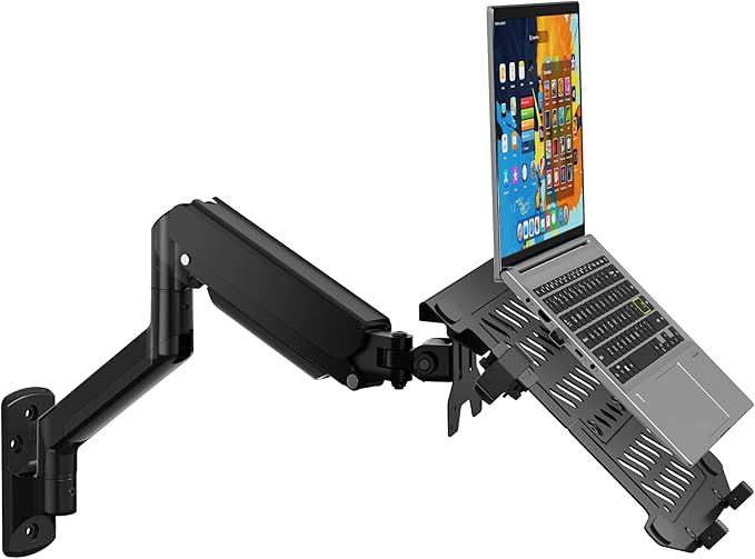 WALI Single Arm Laptop and Monitor Wall Mount for 17" Notebook and Up to 32" Screen, Full Motion Adjustable Wall Mount with Laptop Tray, VESA 75x75 100x100, Holds 15.4-22 lbs, Black (GSWM001LP)