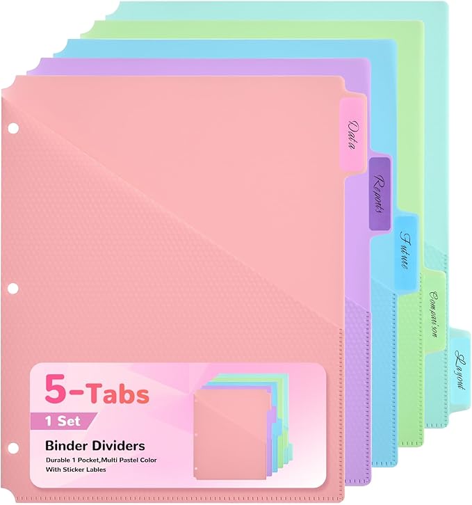 SUIN 5-Tab Binder Dividers with Pockets - Heavy Duty Plastic Dividers for 3 Ring Binder, Letter Size Poly Page Separators with Tabs & Label Stickers, Diamond Texture, 5 Pastel Colors, 1-Pack
