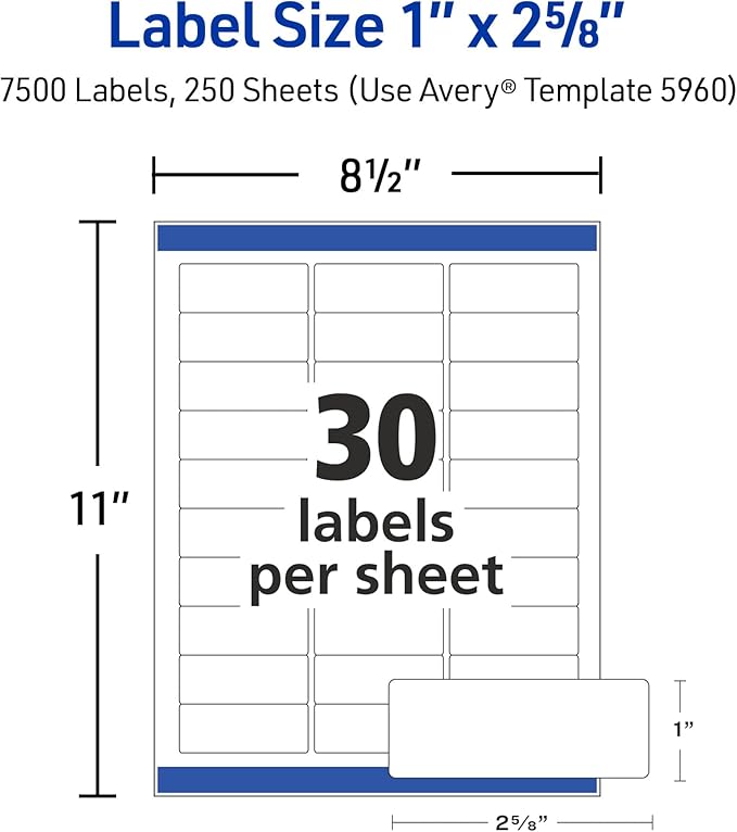 Avery Easy Peel Printable Address Labels with Sure Feed, 1" x 2-5/8" Customizable Stickers, White, 15,000 Blank Mailing Labels, Great for Mailing, Shipping, and More (2-Pack of 5960)