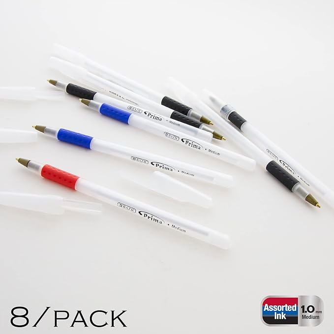 BAZIC 1738 Prima Assorted Color Stick Pen w/Cushion Grip (8/Pack)