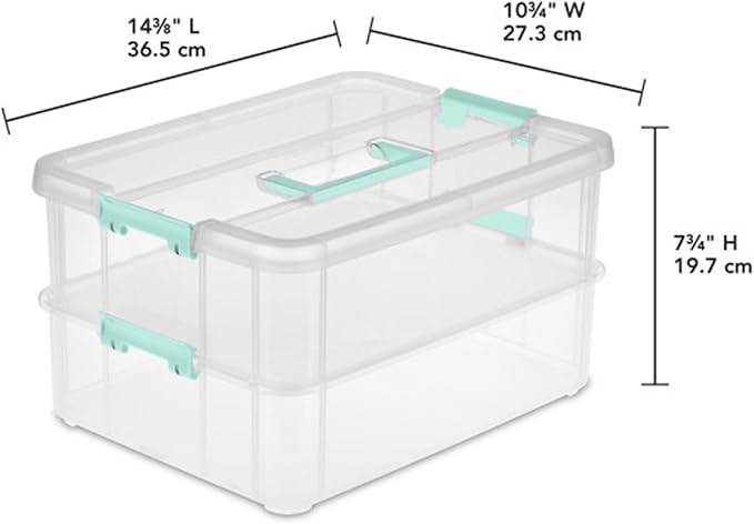 Sterilite 12-Pack Stack & Carry, 2 Layer Handle Box for Home & Office Storage - Clear Base & Lid with Color Latches, Organizer for Art & Craft Supplies, Sewing Tools or 8.5" x 11" Paper