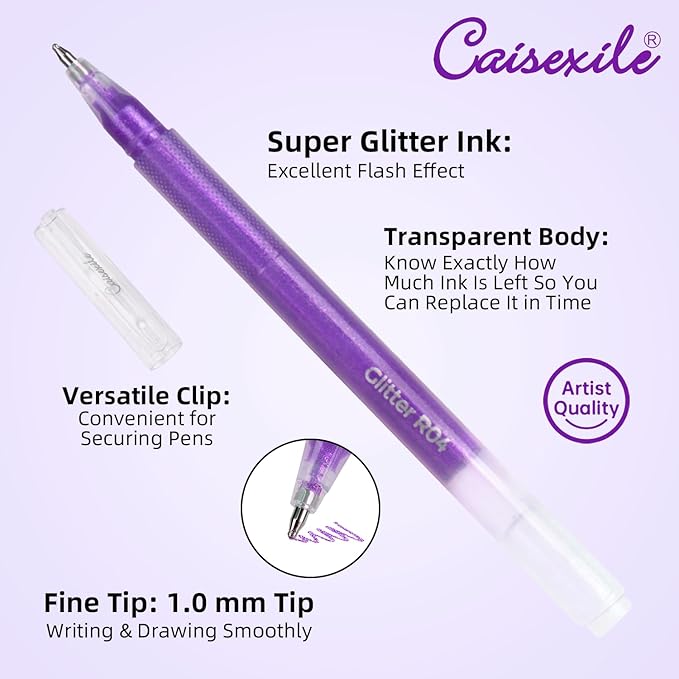 12 Purple Glitter Gel Pens Set, 1.0 mm Fine Point for Black Paper & White Paper, Large Capacity Pens for Journaling, Adult Coloring Books, Drawing, Note Taking, Highlighting
