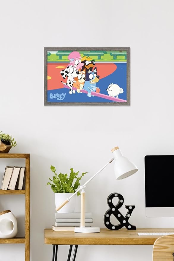 Bluey (2018) - Bluey and Friends See Saw Fun Wall Poster, 22.4L" x 14.7W", Barnwood Framed Version