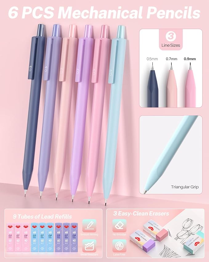 43PCS Aesthetic School Supplies with Pen Case, 5 Black Ink Gel Pens, 12 Pastel Highlighters, 6 Mechanical Pencil Set 0.5 & 0.7 & 0.9 mm, Back To School Supplies for Students Stationary