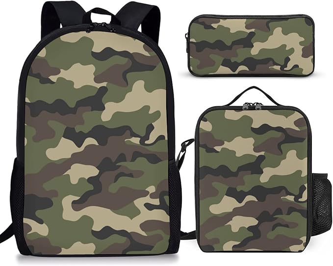 3PCS Camo Backpack Set for Boys, Lightweight Large Backpack with Lunch Box & Pencil Case, Camouflage Bookbag for Kids, Back to School Backpacks for Elementary & Middle School