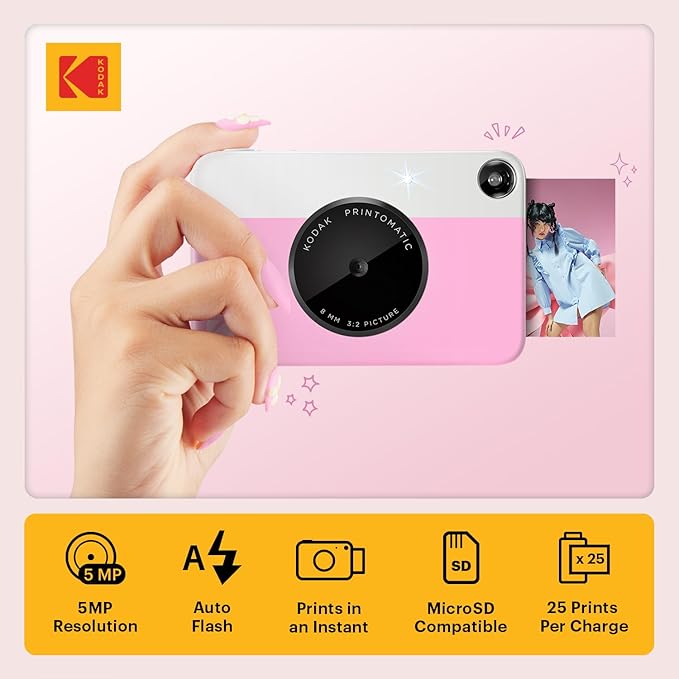 KODAK Printomatic Full-Color Instant Print Digital Camera - Colorful Photos On Zink 2x3" Sticky-Back Photo Paper - 5MP, Portable, Creative Fun Gift for Birthday, Christmas, Holiday - Pink