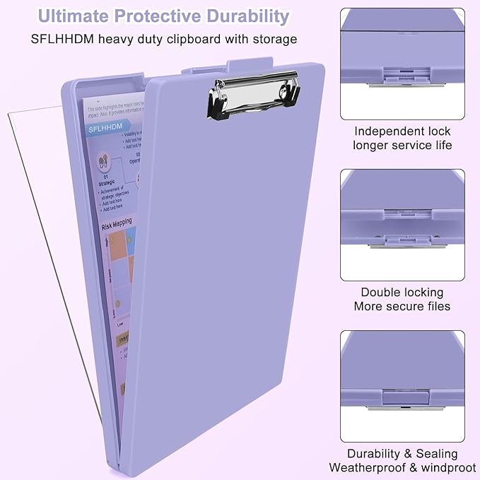 SFLHHDM Clipboard with Storage,Heavy Duty Clip Boards 8.5x11 with 2 Storage Case,Clear Visible Panel Storage Clipboards,Side Opening Nursing Clipboard Folder for Office Supplies-Lavender Purple