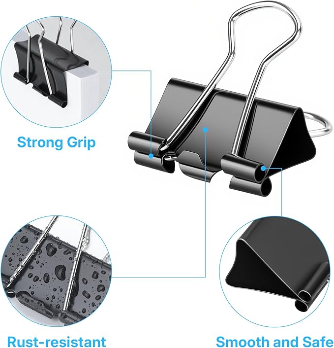 OWLKELA 160 PCS Medium Binder Clips 1 Inch, Metal Paper Clamps Bulk, Black Clips for Home, School and Office Supplies