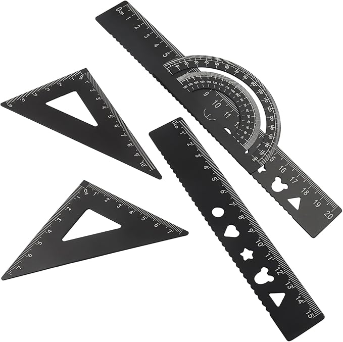 5-Piece Metal Geometry Set, Aluminum Ruler Drafting Kit Protractor & Triangular Rulers Precision for Engineers, Students, Math Measurement Tools(Black)