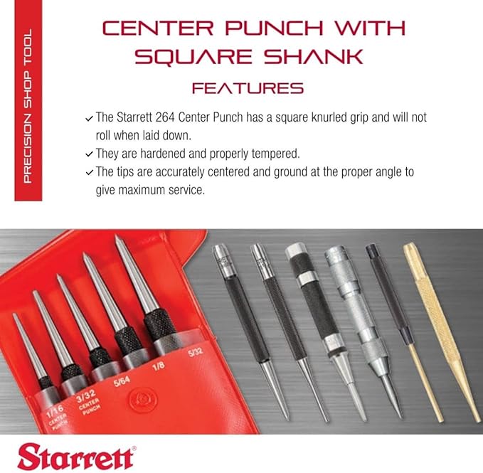 Starrett Steel Center Punch with Square Shank and Knurled Finger Grip - Hardened and Tempered Steel, 3" Length, 1/16" Diameter Tapered, 3/8" Square Thickness - 264A