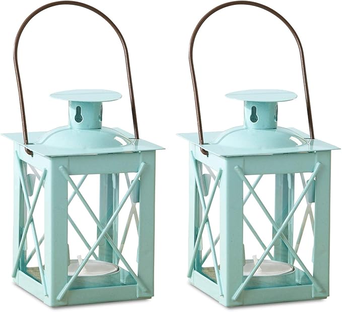 Kate Aspen Decorative Lanterns - Set of 2 - Luminous Metal Lantern Tealight Candle Holders for Wedding, Home Decor and Party - 4.5" H (6.5" H with Handle) – Blue
