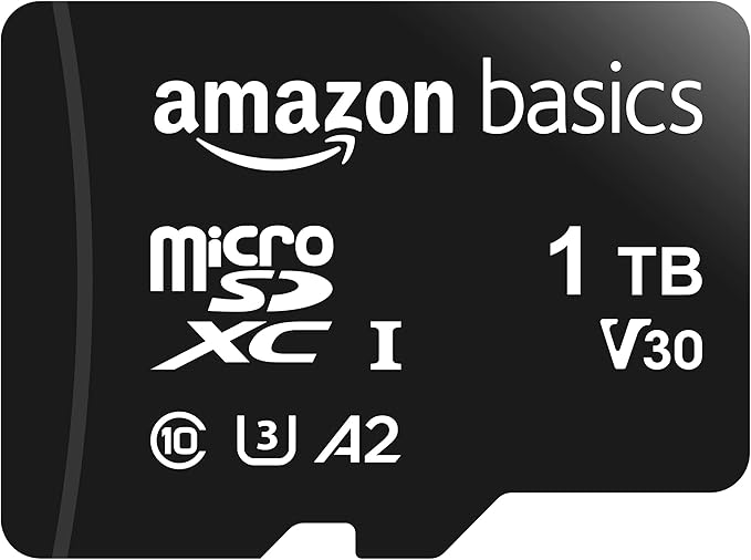 Amazon Basics microSDXC Memory Card for Smartphones, Tablets, Drones, Full HD, with Full Size Adapter, A2, U3, Read Speed up to 100 MB/s, 1 TB, Black