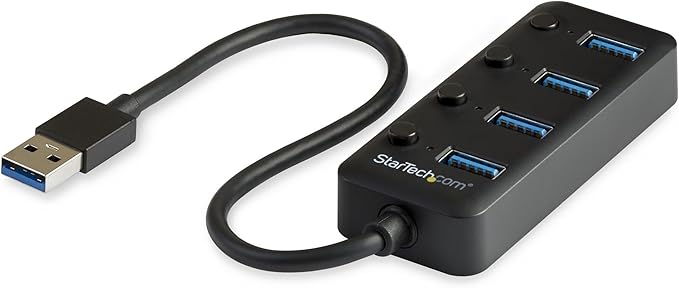 StarTech.com 4 Port USB 3.0 Hub - USB-A to 4x USB 3.0 Type-A with Individual On/Off Port Switches - SuperSpeed 5Gbps USB 3.1/3.2 Gen 1 - USB Bus Powered - Portable - 9.8" Attached Cable (HB30A4AIB)