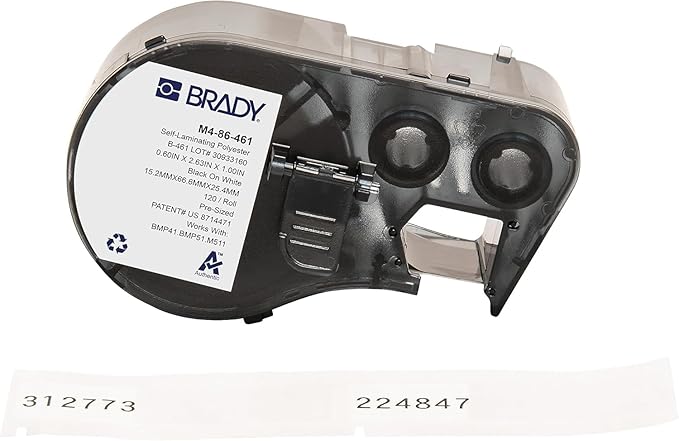 Brady Authentic (M4-86-461) Self-Laminating Cryogenic Polyester Labels 0.6" H x 2.625" W Black on White, Clear, 120 Labels. for use with The BMP41, BMP51, and M511 Label Printers