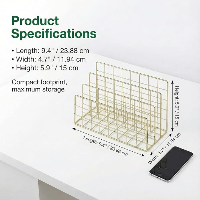 Simmer Stone Letter SorterOrganizer for Desk, Premium Plated Metal Mail Holder, 3-Slot Ultra-Stable Non-Wobbling Desktop Organizer for Envelopes, Documents, Palettes, 9.5 x 4.7 x 6 Inche, Gold