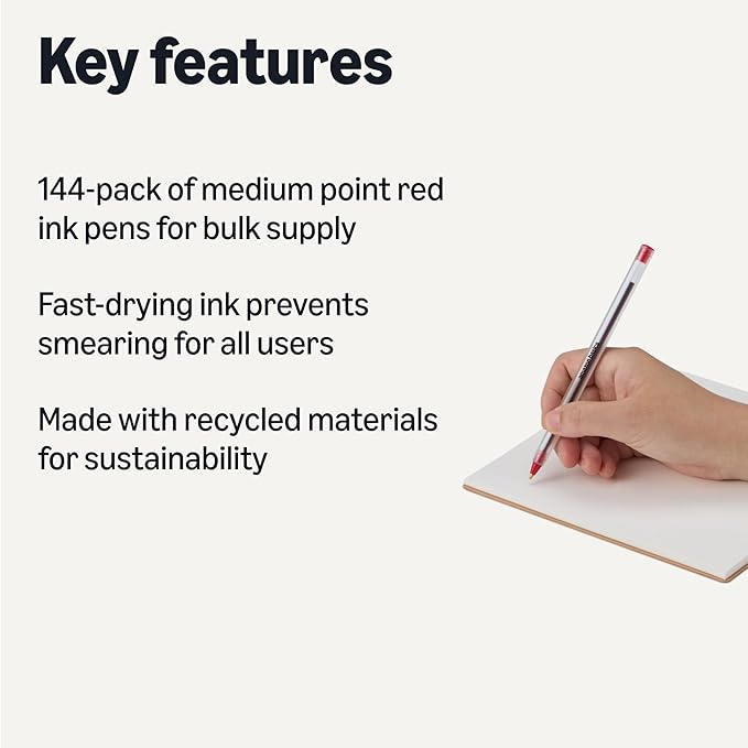 Amazon Basics Ballpoint Pens, Medium Point 1.0mm, Red Ink, 144-Pack
