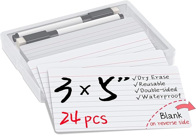 Dry Erase Index Cards 3x5 Ruled & Blank, 24 Sheets Reusable Graph Flash Cards Blank with Box, Waterproof Note Cards for Studying, Small White Board Dry Erase Board, Teacher & School Supplies