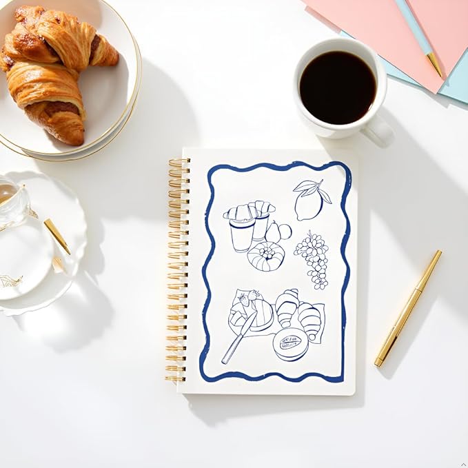 Pearhead Euro Breakfast Hardcover Spiral Notebook, 8x10 College-Ruled Lined Journal with Perforated Pages, 200 Pages for Planning, Work & School