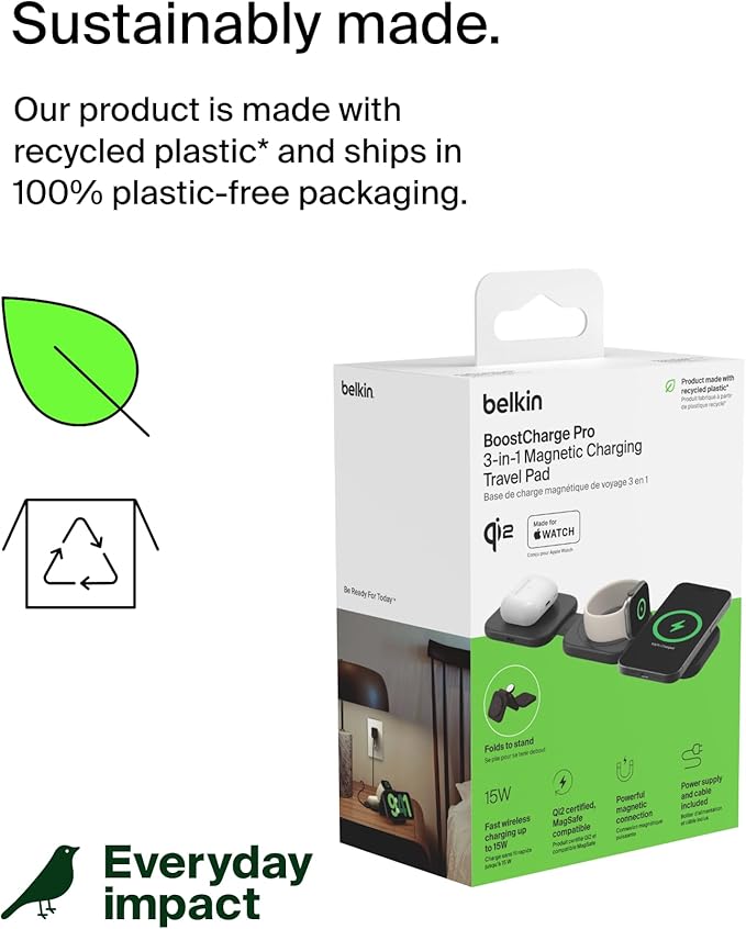 Belkin MagSafe Charger Compatible 3-in-1 Magnetic Charging Travel Pad 15W-BoostCharge Pro Foldable Qi2-Certified Wireless Charger, MagSafe-Compatible Charger for iPhone 16 Series, Apple Watch, AirPods