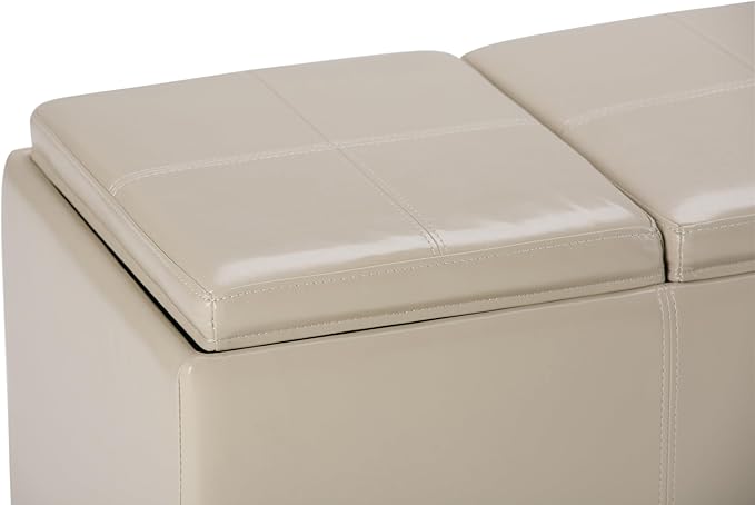 SIMPLIHOME Avalon Storage Ottoman - 42 inch Wide Upholstered Vegan Leather Rectangular Flip-Top Ottoman in Satin Cream, Contemporary Coffee Table Ottoman for Living Room with Hidden Storage