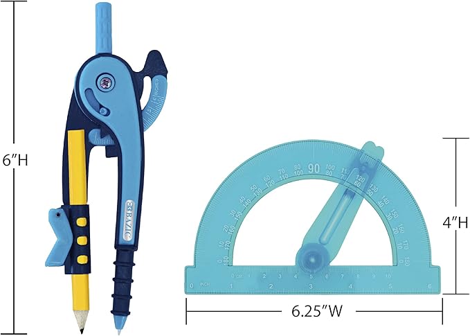 BAZIC PRODUCTS Geometry Set with Pencil Compass – Scale Ruler, HB Wood Pencil, Compass and Protractor Set for Students and Professionals, Ideal Use for Art and Drafting Tools, 24-Packs