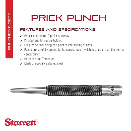 Starrett Steel Prick Punch with Knurled Grip for Precise Positioning and Secure Holding - Hardened and Tempered Steel, 4" Length, 5/32" Diameter Tapered - 816D